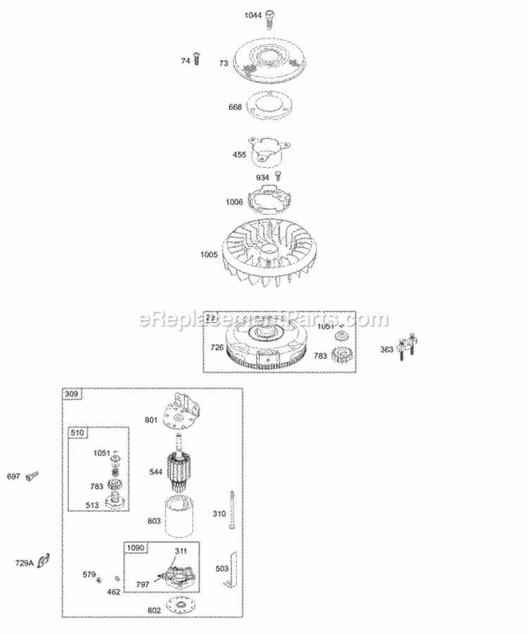 Electric Starter Flywheel Diagram and Parts List for  Briggs and Stratton Engine
